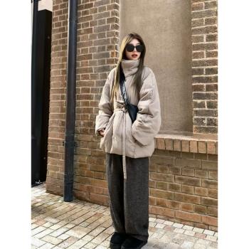 24冬季新款奶茶灰大版博主私服保暖外套韓系廓形中式綁帶羽絨服女