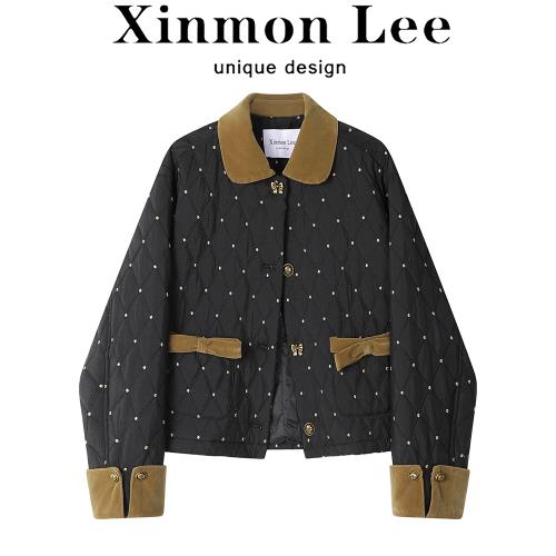 XinmonLee韓系小香風撞色波點蝴蝶結外套女冬季甜美氣質洋氣棉服