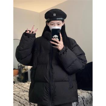 美式復古黑色棉衣棉服女冬季小個子保暖寬松oversize麵包服外套