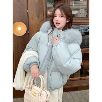 MJAE小個子短款羽絨服女2024年新款冬季設計感時尚大毛領連帽外套