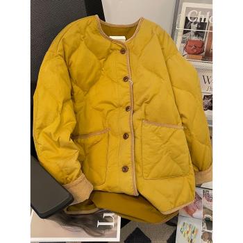 冬季新款菱格輕薄羽絨棉服女復古寬松休閑圓領短款長袖棉衣外套潮