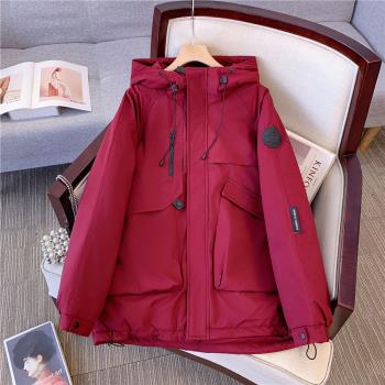 安可拉紅羽絨棉服女冬季2024年新款大碼胖mm沖鋒棉衣棉襖工裝外套