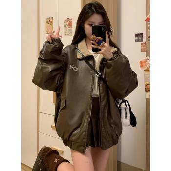 美式復古pu皮衣兩面穿羊羔毛外套女秋冬季新款加絨加厚高階感棉服