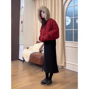 冬裝連帽羽絨棉服外套女2024新款紅色加厚保暖棉衣半身裙兩件套裝
