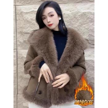 法式復古咖色絨毛領皮毛一體外套2024冬季美拉德穿搭加絨加厚上衣