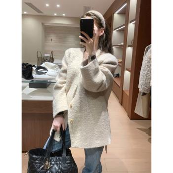 法式高階感V領紐扣粗呢毛衣外套秋冬新款簡約寬松保暖開衫上衣女