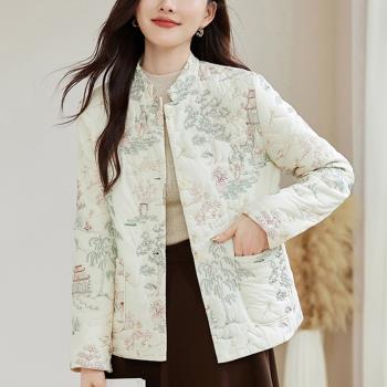 國風輕薄刺繡棉服外套女春秋冬新款中式立領唐裝棉衣加厚保暖棉襖