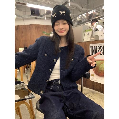 宋正恩藏藍色小香風外套女秋冬外穿寬松開衫時尚別致紐扣長袖上衣