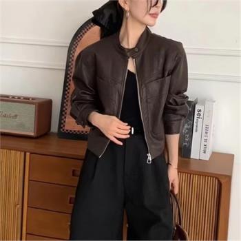 咖色羽絨皮衣短外套女小個子2024秋新款時尚復古立領pu皮休閑夾克