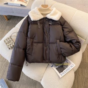 仿皮羽絨棉服女冬季2024新款今年爆款棉衣短外套羊羔毛娃娃領棉襖