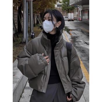 短款立領羽絨服女冬2024新款小個子白鴨絨加厚麵包服PU皮棉衣外套