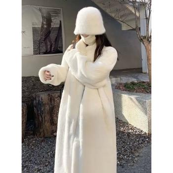 秋冬新款皮毛一體長款羊羔絨大衣女仿水貂毛加厚寬松立領毛絨外套