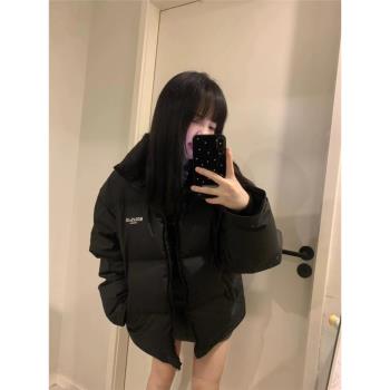 美式高街黑色棉服外套女冬季新款2024寬松加厚麵包服情侶立領棉衣