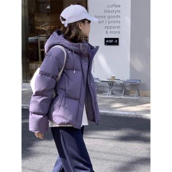 小個子短款連帽復古紫色棉衣外套女2023冬季新款保暖麵包服棉服