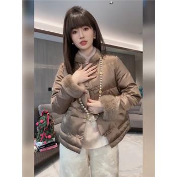 新中式國風棕色棉襖棉服外套女冬季2024新款小個子短款盤扣羽絨服