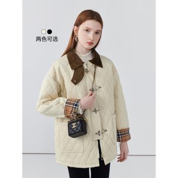 拉夏貝爾/La Chapelle春季新款燈芯絨翻領拼接菱格加厚棉服外套女