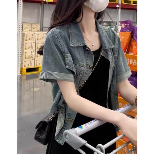 polo領設計感牛仔外套寬松百搭短袖小衫通勤減齡顯瘦夏季上衣女裝