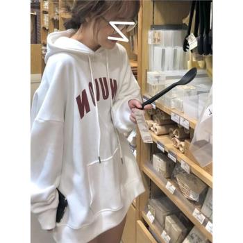 港風chic潮設計感字母外套上衣女連帽寬松冬季休閑韓版中長款衛衣