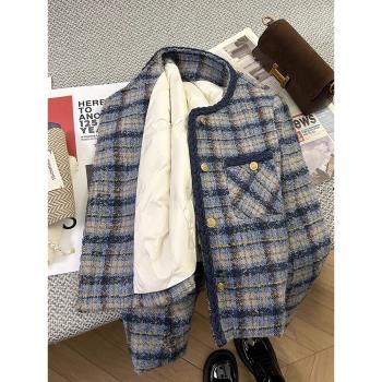 藍色格子小香風外套女秋冬2024新款高階感夾棉加厚粗花呢短款上衣