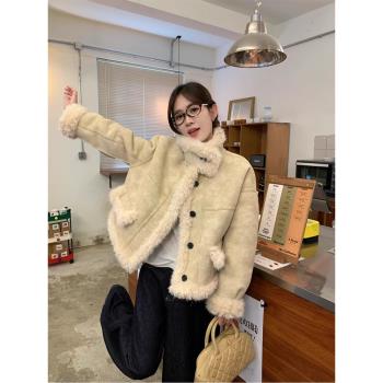 高階感超好看羊羔毛外套女冬小個子寬松皮毛一體加厚保暖短款上衣