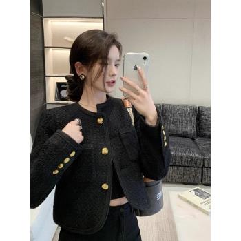 黑色粗花呢小香風西裝外套女秋冬季法式高階感小個子百搭短款上衣