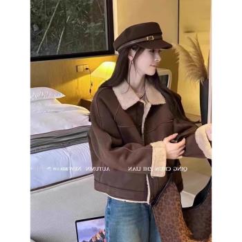 小香風皮毛一體羊羔毛外套女冬季韓版寬松鹿皮絨翻領短款夾克上衣