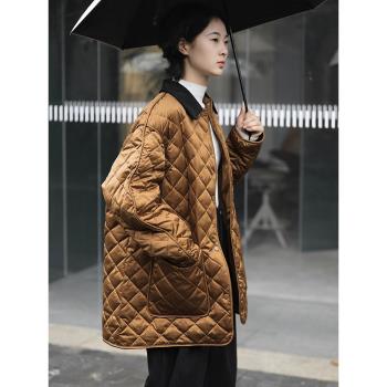冬季復古菱格絎線燈芯絨翻領光澤緞面大廓形寬松保暖羽絨服外套女