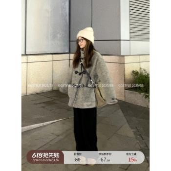 日系復古寬松毛呢外套女冬季2024新款設計感牛角扣呢子夾克上衣潮