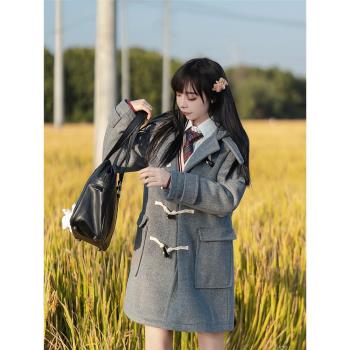 不易起球版型好灰色黑色牛角扣大衣女冬連帽jk加厚小個子毛呢外套