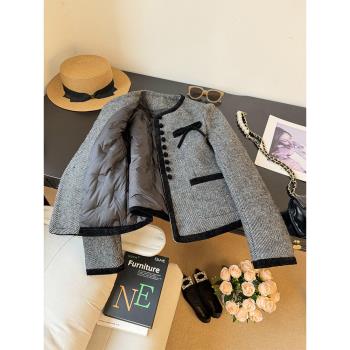 高階絲絨拼接小香風羽絨服女冬季2024新款灰色羊毛呢羽絨內膽外套