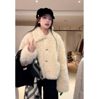 羊羔毛外套女秋冬季短款韓系皮毛一體小個子翻領時髦加厚毛絨上衣