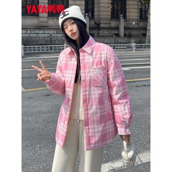 鴨鴨短款時尚格紋保暖外套羽絨服