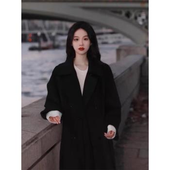 高階感黑色羊毛羊絨呢大衣女2024秋季新款赫本風雙面加厚毛呢外套