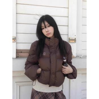 美式復古咖色短款羽絨服女冬季肯豆風小個子白鴨絨加厚麵包服外套