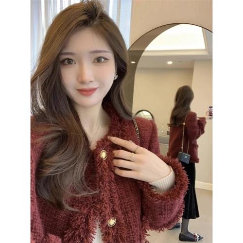 酒紅色小香風外套女秋冬2025新款重工開衫法式氣質名媛粗花呢上衣