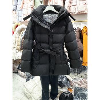 2024年冬新款高階中長款羽絨服女連帽腰帶收腰顯瘦加厚白鴨絨外套