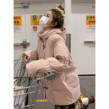 粉色牛角扣連帽羽絨服女冬中長款2024新款小個子學院白鴨絨厚外套