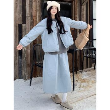 大碼女裝冬季胖mm藍色圓領棉服外套+寬松連帽衛衣+半身裙時尚套裝