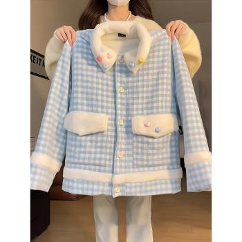 立體愛心格子翻領羊羔毛外套女冬季新款甜美加絨加厚保暖棉衣棉服