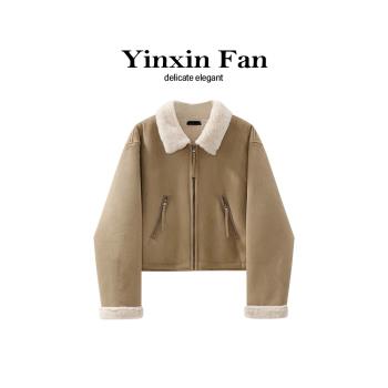 YinxinFan短款羊羔毛皮毛一體外套冬季女裝小個子加厚麂皮絨大衣