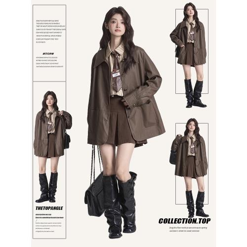 美式復古高級感咖色PU皮西裝外套女2026春季新款寬松皮衣夾克上衣