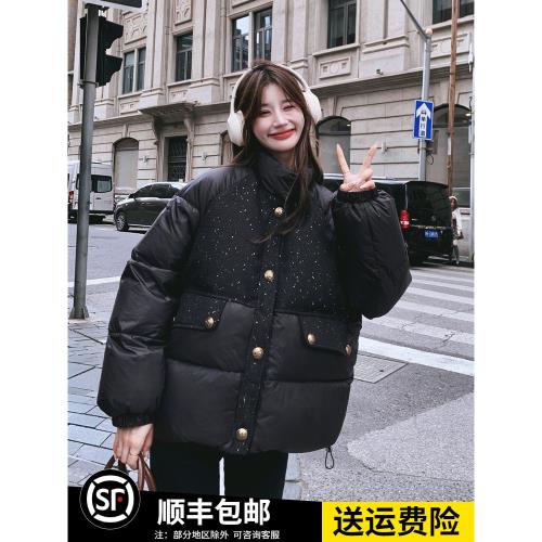 黑色設計立領小香風90白鴨絨羽絨服女冬季新款短款小個子加厚外套