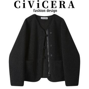 CIVICERA慵懶風皮毛一體短外套女冬小個子寬松百搭羊羔毛夾克上衣