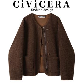 CIVICERA小個子復古氣質羊羔毛外套女秋冬慵懶風寬松皮毛一體上衣