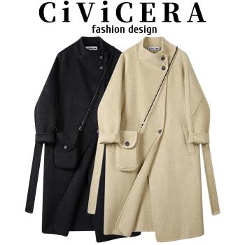 CIVICERA超好看長款氣質毛呢外套女秋冬復古百搭立領雙面羊絨大衣