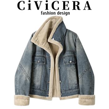 CIVICERA高階感仿水貂毛牛仔短外套女秋冬小個子復古加絨加厚夾克