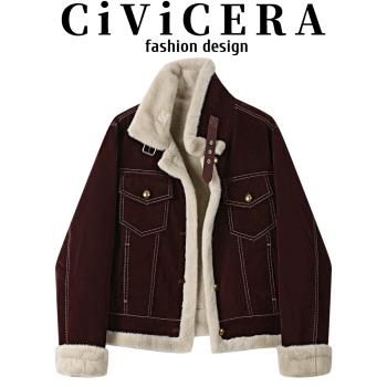CIVICERA設計感仿水貂絨牛仔短外套女秋冬加絨加厚機車服夾克棉服