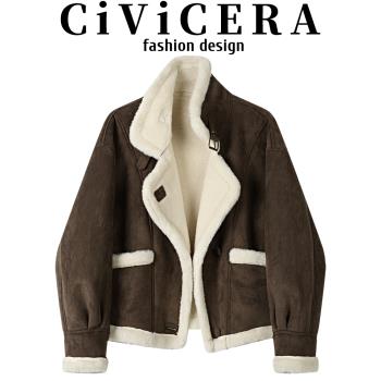CIVICERA秋冬款加絨加厚皮毛一體機車服女裝立領仿皮絨夾克短外套