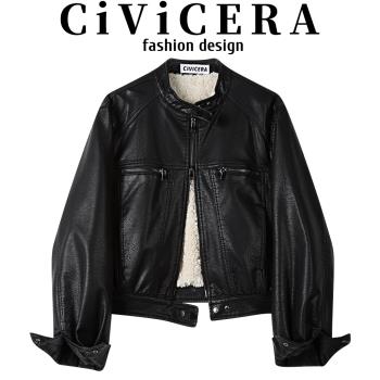 CIVICERA美式復古短款加絨皮衣外套女秋冬皮毛一體立領機車服夾克