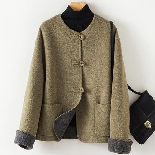 2025年新款新中式拼色圓領雙面羊毛外套女上衣秋冬羊毛呢大衣女裝